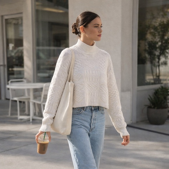Absolutely Cotton Sweaters - 90’s “Absolutely Cotton” Creamy White Cable Knit Textured Hearts Sweater